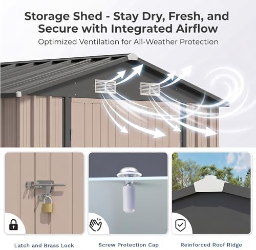 Devoko 8x12 FT Outdoor Storage Shed, Metal Tool Shed with Lockable Door&Slooping Roof, Outside Large Utility Storage for Garden Backyard Patio(Brown) - Image 5