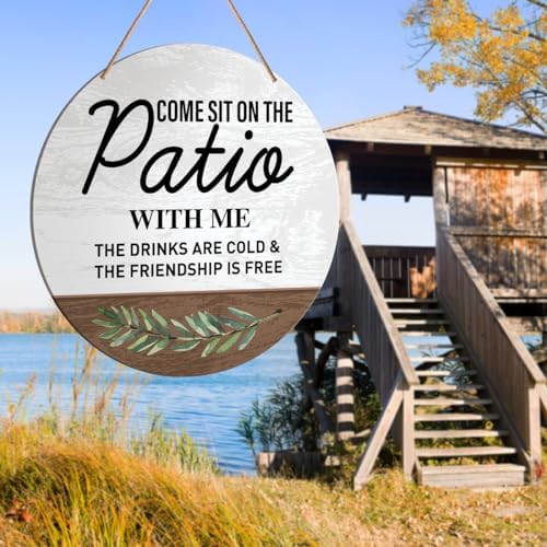 Patio Sign Decor, Patio Round Hanging Sign Decor Farmhouse Wall Decorations Outdoor Living Wood Sign for Porch, Deck, Backyard, Housewarming Gift for New House Home, Come Sit on The Patio with Me - Image 5