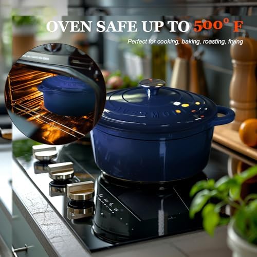 Overmont Enameled Cast Iron Dutch Oven - 4.5QT Pot with Lid Cookbook & Cotton Potholders - Heavy-Duty Cookware for Braising, Stews, Roasting, Bread Baking IndigoBlue - Image 6