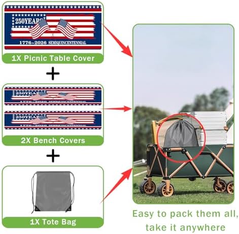 250th Anniversary America Flag Picnic Table Cover with Bench Covers Camping Essentials 250 USA Flag 1776-2026 Waterproof Fitted Camping Tablecloth Cover with Elastic Edge for Outdoor 3 PCS 30x72 Inch - Image 7