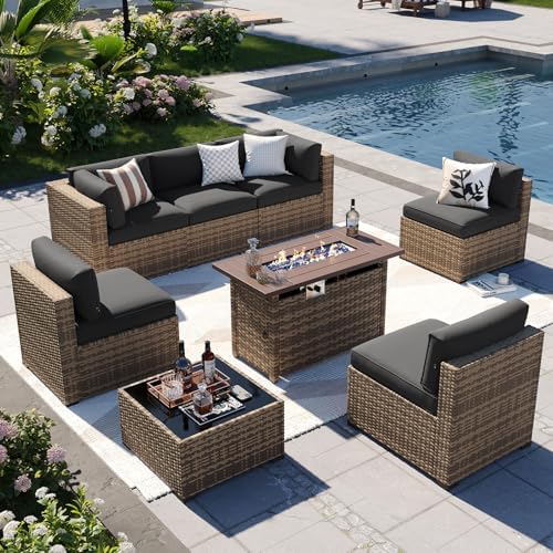 Aoxun Patio Furniture Sets, 8-Piece Outdoor Patio Furniture with 44'' Propane Gas Firepit Table, Wicker Outdoor Conversation Set Sectional Sofa for Backyard, Poolside, Garden (Black Cushion) by Aoxun