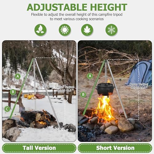 HaSteeL Campfire Tripod for Cooking, Stainless Steel Camping Tripod Grill for Outdoors Beach Backyard Firepit BBQ, Openfirer Stand Hanger with 17” Folding Rack & 6 Barbecue Tools, Adjustable Height - Image 4