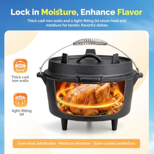 ROVSUN 7.9 QT Cast Iron Dutch Oven with Lid, Pre-Seasoned Camping Pot for Campfire Grill & Oven, 2-in-1 Skillet Lid + Lid Lifter Hook, Outdoor Cast Iron Camping Cookware for 6-8 People - Image 3