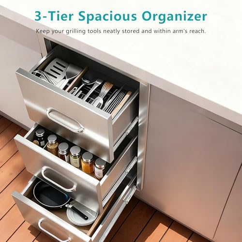 Outdoor Kitchen Drawers, 3-Drawer Stainless Steel Flush-Mount BBQ Drawer Cabinet with Full-Extension Slides, 18 in. W x 23 in. H x 23 in. D, for BBQ Island, Grill Station and Patio Kitchen - Image 6