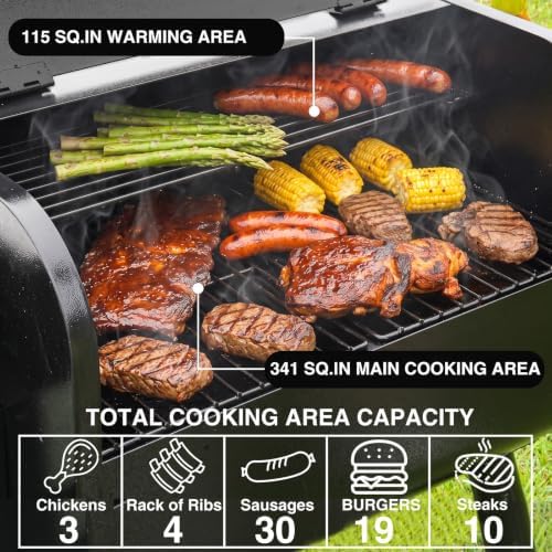 KingChii Electric Wood Pellet Grill & Smoker with Side Shelf, 456 SQ.IN Grill Capacity, with PID Temperature Control (180-425°F) for Backyard Camping Bake and Roast, Black - Image 2