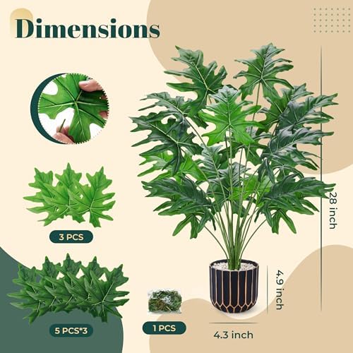 Der Rose 28" Artificial Plants Indoor, Philodendron Plant in Black Gold Pot - Image 3