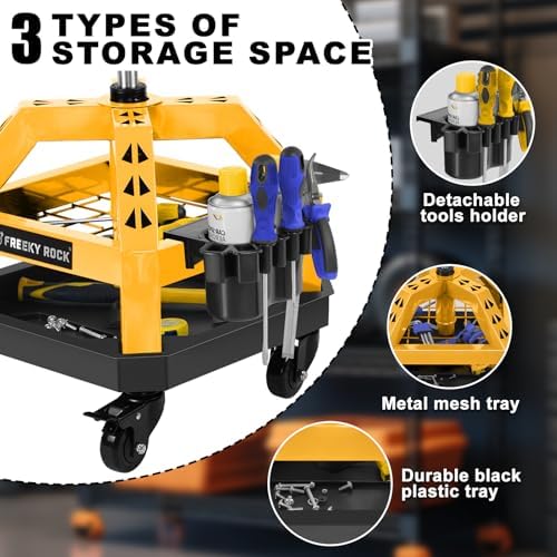 Rolling Shop Stool with Wheels, Heavy Duty Garage Work Mechanic Stool with Backrest, Adjustable Height 360°Swivel Rolling Chair with Tool Tray Storage, 330 LBS Capacity, Yellow - Image 5