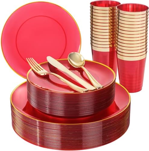 LIYH 180 Pcs Clear Red Plastic Plates Disposable - Red Dinnerware Set, Include Red and Gold Plates, Dinner Plate, Dessert Plate, Gold Plastic Silverware for Birthday Party by LIYHLoveinyourheart