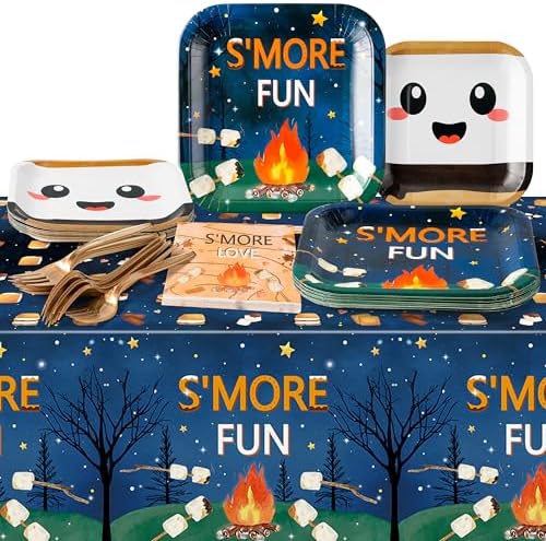 S’Mores Camping Party Tablecloths and Tableware Set - Serves 24-99Pcs S’More Love Fun Campfire Disposable Table Covers Plates Napkins Forks Birthday Party Decorations Baby Shower Supplies by G1ngtar