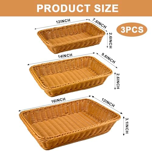 3 Pack Wicker Bread Baskets, 12, 14 and 16 Inch Serving Trays - Image 2