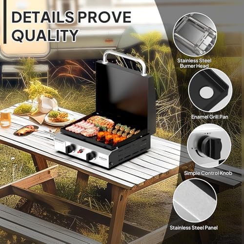 ROVSUN 2 Burner Portable Propane Griddle with Electronic Ignition & Regulator, 20,000 BTU Tabletop Flat Top Gas Grill with Enameled Tray & Lid for Outdoor Cooking Camping BBQ Tailgating Picnicking - Image 3