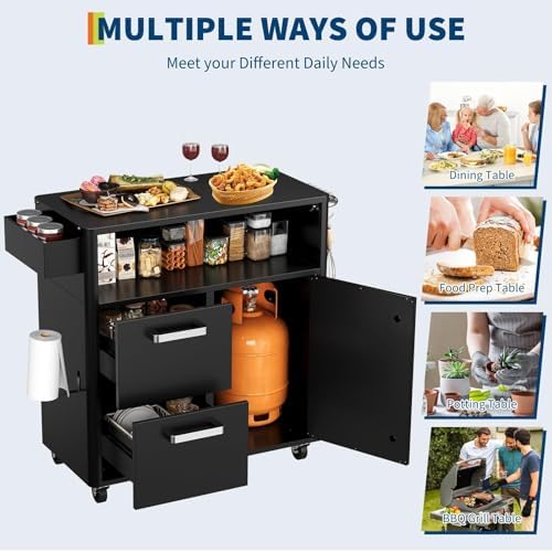 Heavy Duty Outdoor Grill Cart with Stainless Steel Prep Table, Lockable Wheels, Spacious Storage Cabinet, and Island Table Design for Patio or Kitchen Use - Image 5
