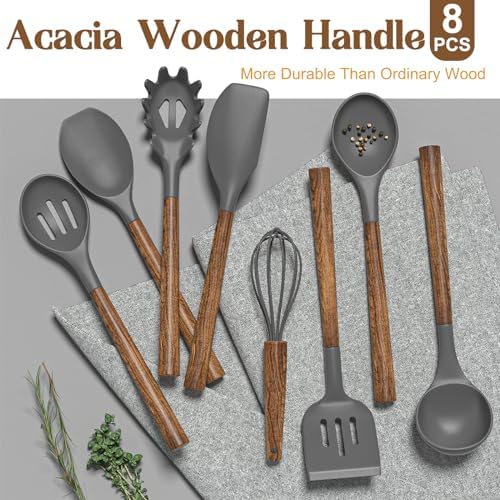 Umite Chef Silicone Cooking Utensil Set, 8-Piece Kitchen Utensils Set with Natural Acacia Wooden Handles,Food-Grade-Silicone Kitchen Gadgets and Spatula Set for Nonstick Cookware - Grey - Image 5