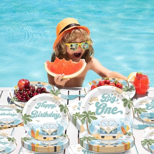 Summer Beach The Big One Party Plates Napkins Boy Surfing First Birthday Decoration Set Hawaiian Palm Tree Dinner Dessert Tableware for Retro Wave Theme Birthday Party Decoration Supplies Serve 24 - Image 5