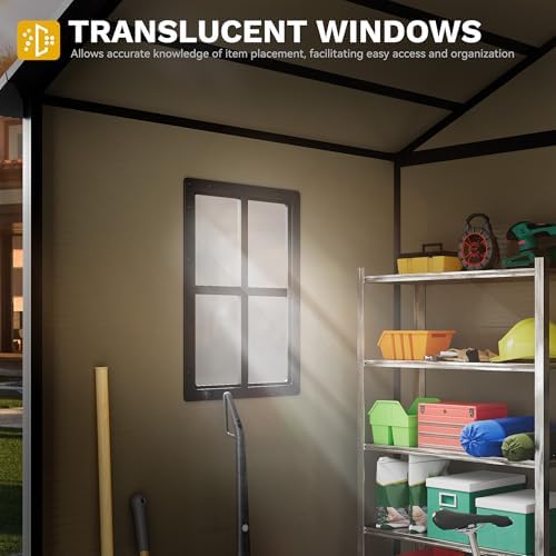 DWVO Outdoor Storage Shed, All-Weather Resin Plastic Storage Shed with Windows, Slanted Roof, Raised Floor, Capacity for Garden Tools/Equipment, Ideal for Backyard Garden - Image 3