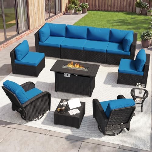 Aoxun 11 Piece Outdoor Patio Furniture Set with 44'' Fire Pit Table, Wicker Rattan Outdoor Furniture with High Back Swivel Rocker Chairs, Outdoor Sofa Set with Thick Cushion & Side Table, Peacock Blue by Aoxun