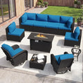 Aoxun 11 Piece Outdoor Patio Furniture Set with 44'' Fire Pit Table, Wicker Rattan Outdoor Furniture with High Back Swivel Rocker Chairs, Outdoor Sofa Set with Thick Cushion & Side Table, Peacock Blue by Aoxun