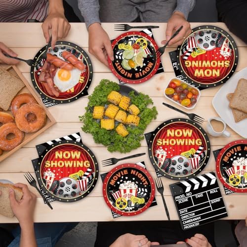 Naozinebi Movie Night Party Plates Movie Themed Paper Tableware Now Showing Theater Themed Decorations Dinnerware for Film Action Lights Camera Red Carpet Birthday Party Supplies Serve 24 - Image 6