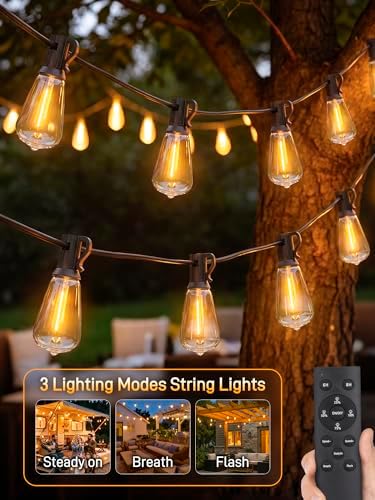 Guhope Outdoor String Lights Dimmable with Remote, 100 FT Outdoor Lights with 2 Timer and 3 Mode, Waterproof & Shatterproof Patio Lights, 2200K Energy Saving String Lights 3 Spare Bulbs for Patio Yard - Image 6
