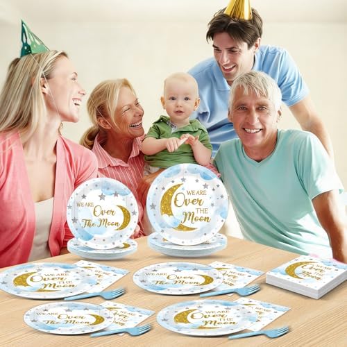96Pcs Over The Moon Baby Shower Decorations Moon and Stars Party Baby Shower Plates and Napkins Gender Reveal Little Star Birthday Disposable Paper Plates for Celestial Birthday Gatherings Decorations - Image 6