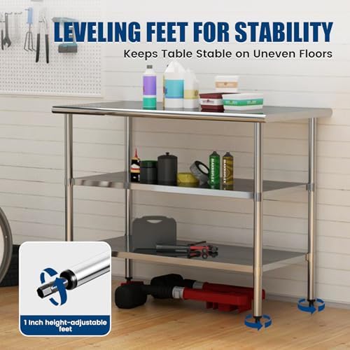 Stainless Steel Work Table 24 x 60 Inch with 2 Adjustable Undershelves, Heavy-Duty Metal Prep Table for Commercial Kitchen & Restaurant, Garage, Outdoor - Image 6