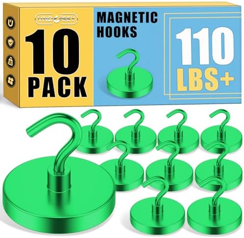 VNDUEEY Magnetic Hooks Heavy Duty, 110 Lbs Super Strong Magnets with Hook for Refrigerator, Cruise Must Haves, Neodymium Magnet Metal Hooks for Classroom, Kitchen, Office (Green, Pack of 10) by VNDUEEY