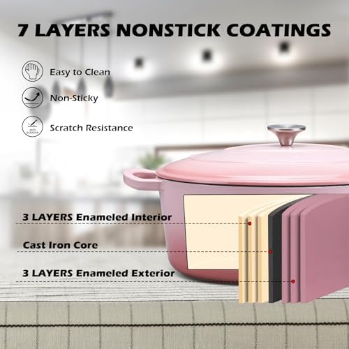 Leonyo 5-Quart Enameled Cast Iron Oval Dutch Oven Pot with Lid, Pink - Image 3