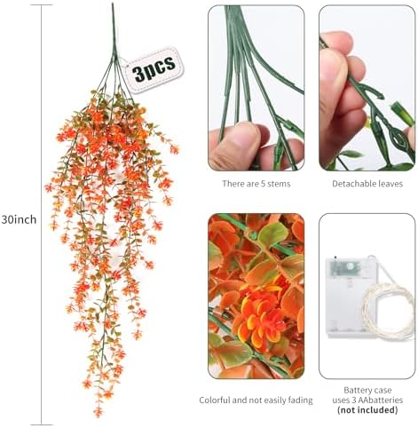 RECUTMS Fall Decor Artificial Flowers Faux Hanging Plants with Lights 3Pcs - Image 2