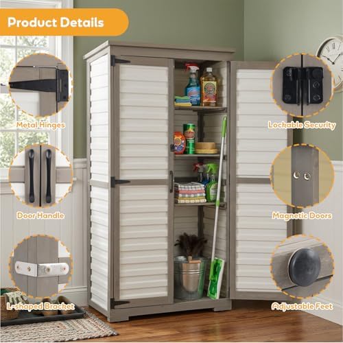 PetsCosset Outdoor Storage Cabinet with Shelves, Wood & Plastic Garden Shed, Weatherproof Outside Tool Cabinet for Patio, Backyard, Pool - Image 6