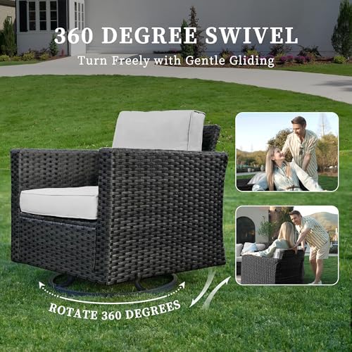 UDPATIO Patio Furniture Set with Fire Pit Table, Rocking Swivel Chairs, 5 Pieces Outdoor Furniture Sets, All-Weather Wicker Outdoor Sectional Sofa with Cover, 4'' Thickened Cushion, Light Grey - Image 5