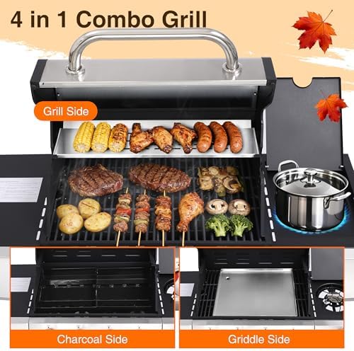 4-in-1 Propane & Charcoal Grill Combo, 4-Burner Gas Griddle with Side Burner, Cast Iron Grates, Outdoor BBQ for Patio & Backyard - Image 2