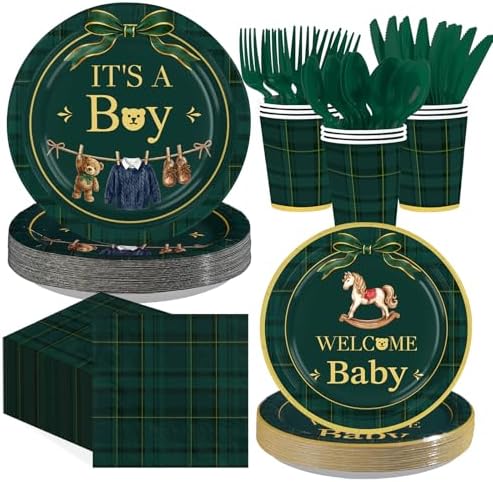 168 Pcs Tartan Plaid Bear Baby Shower Decorations, Serves 24 by Greencian