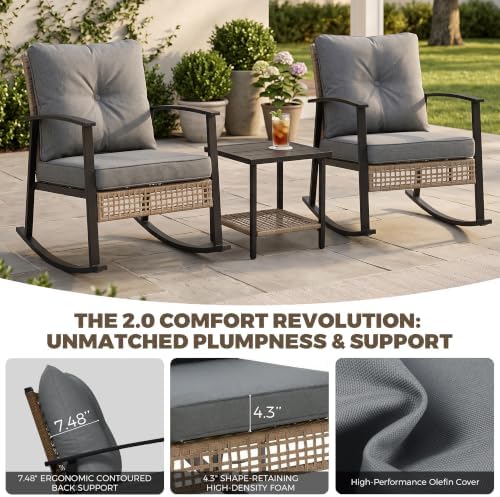 TARKARI 3-Piece Patio Rocking Chairs Set of 2, Rocking Chair Bistro Set [Upgraded 2.0] & 2-Tier Coffee Table, Wicker Rocking Chair Outdoor Patio Furniture Set for Backyard, Porch, Balcony (Grey) - Image 5