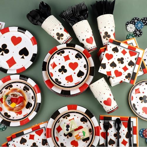 Kochorie 400 Pieces Casino Print Disposable Tableware Sets, Las Vegas Party Supplies Set with Plates Cups Napkins Cutlery Serves 50 for Birthday Poker Club Casino Theme Party Decorations - Image 4