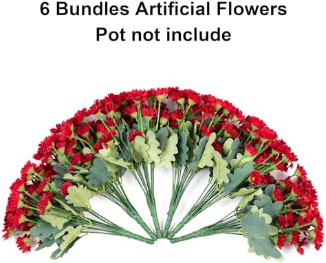 Daisy Artificial Flowers for Outdoors Autumn Fall Decoration, 6 Bundles Fake Mums Red Silk Flowers for Outside Look Real UV Resistant Fake Plants Faux Flowers for Planter Front Door Home Indoor Porch - Image 5