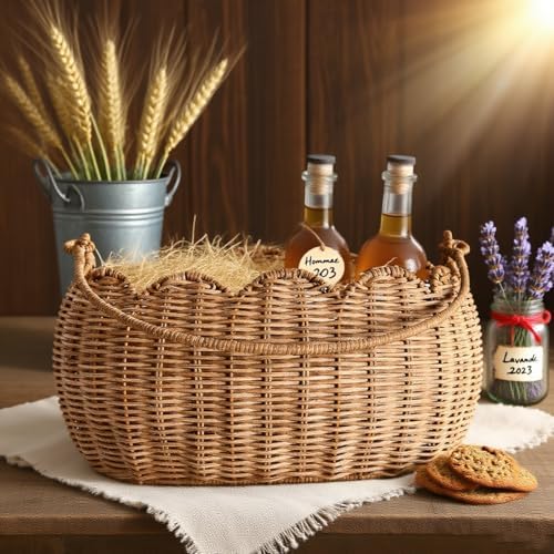 Scalloped Round Basket with Handle, Large Wicker Picnic Basket,Super Garden Harvest Basket for Gathering Vegetables Flowers Fruits, Hand Woven Basket for Shelves(Rattan(12.6 * 9 * 6.1)) - Image 4