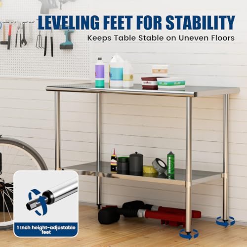 Stainless Steel Table 24 x 60 Inches Metal Food Prep Worktable with Adjustable Undershelf for Kitchen, Outdoor, Restaurant, Bar & Garage - Image 6