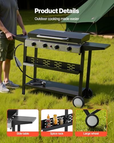 VEVOR Gas Griddle, 4-Burner Flat Top Grill, 29 inch Grill Plate Propane Griddle with Wheels, Lid, 28000 BTU Outdoor Flat Top Grills for Pan-Frying, Grilling, Stir-Frying, & BBQ, Pulse Ignition - Image 5