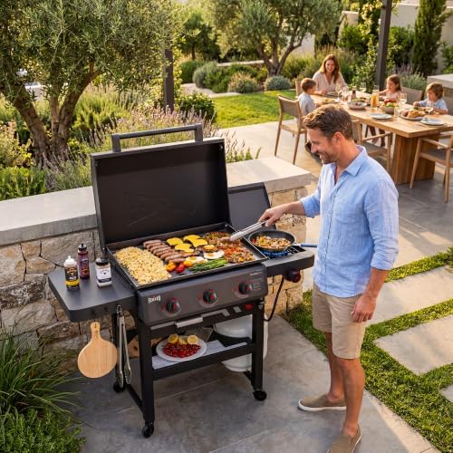 Feasto 28-Inch 3 Burner Propane Flat Top Grill with Hood and Side Burner - Image 2