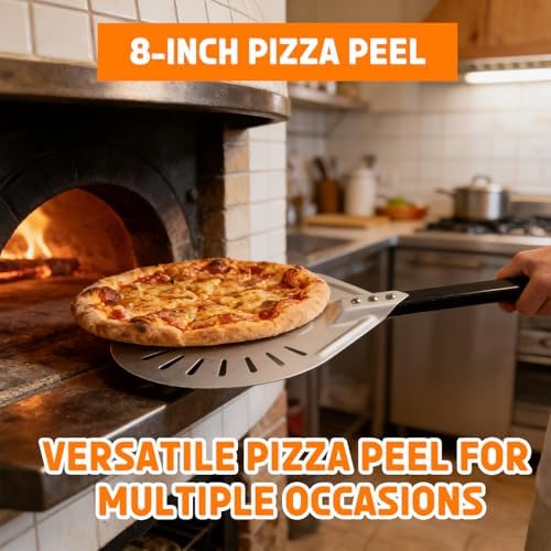 Pizza Peel and Pan Set, 6 Piece Pizza Oven Accessories, 12 Inch Metal Pizza Paddle with Foldable Wooden Handle, 8 Inch Metal Peel, Rocker Cutter, Server, Stainless Steel Plates and Tongs - Image 5