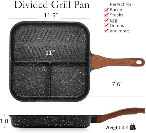 ESLITE LIFE Nonstick Divided Grill Pan with Lid & Tongs for Stove Tops, 11 Inch Versatile 3-In-1 Breakfast Pan, Square Big Grilling Steak Pan for Indoor & Outdoor Cooking, PTFE & PFOA Free, Black - Image 2