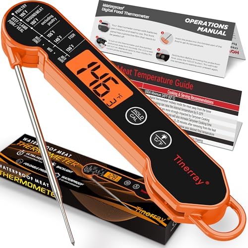 Professional Digital Meat Thermometer Instant Read Waterproof – Folding Probe Food Thermometer with Backlight & Calibration, Fast Read for BBQ, Grill, Deep Fry, Liquids, Gift for Chef (Orange) by TINERRAY