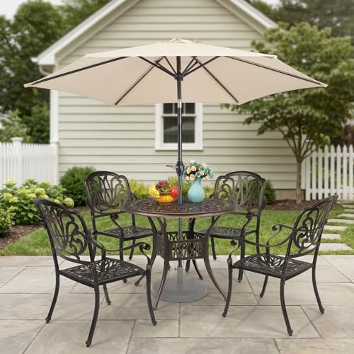 VINGLI 5-Piece Cast Aluminum Outdoor Patio Dining Set with 9ft Umbrella, Space-Saving Stackable Chairs & Table for Yard, Garden, Porch, Poolside - Image 2