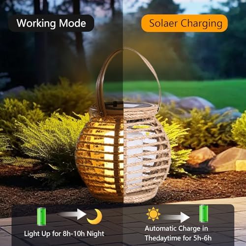 Solar Hanging Lantern, Hand-Woven Hemp Rope, IP44 Waterproof LED - Image 5