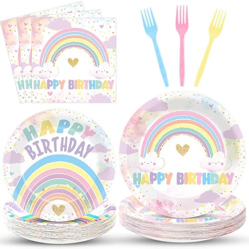 96PCS Boho Pastel Rainbow Party Paper Plates and Napkins for Rainbow Cloud Theme Party Dessert Cake Plates Disposable Decor Girls Happy Birthday Set for Kids Birthday Gatherings Decorations by Oitnlaughter