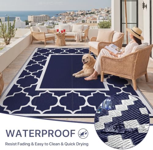 GENIMO Outdoor Rug, Waterproof Plastic Rugs for Patio, 9'x12' Blue White - Image 6