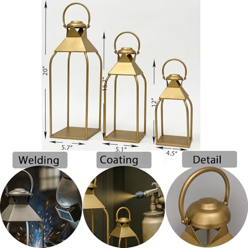 Decorative Metal Lanterns Indoor Outdoor, Candle Holder for Porch, Patio, Fireplace, Floor, Wedding, Christmas, Fall, Holiday, Farmhouse Table Centerpiece (Antique Gold, Set of 3 20" 15.7" 12") - Image 6
