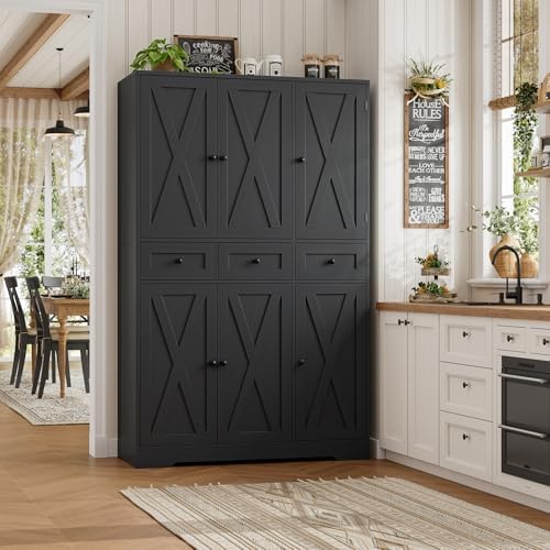 HOSTACK 67"H Farmhouse Kitchen Pantry Storage Cabinet with 3 Drawers, Black - Image 2