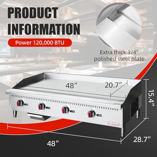 Commercial Gas Griddle - 48" Countertop Griddle. 120,000 BTU Flat Top Griddle, Natural Gas (NG) / Propane, CSA Certified Stainless Steel Teppanyaki Grill for Restaurants - Image 2
