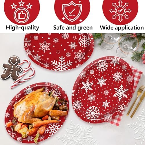 Qyeahkj 50 Pcs Winter Oval Paper Plates Disposable Large 11" Winter Snowflake Plates Red and White Party Platters Decoration Supplies for Xmas Holiday Party Dinner Serving Dish Tableware Decor - Image 3
